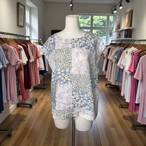 Nicole Miller 100% Linen Patchwork Tank Top — Soft Blue & Lavender Floral Print